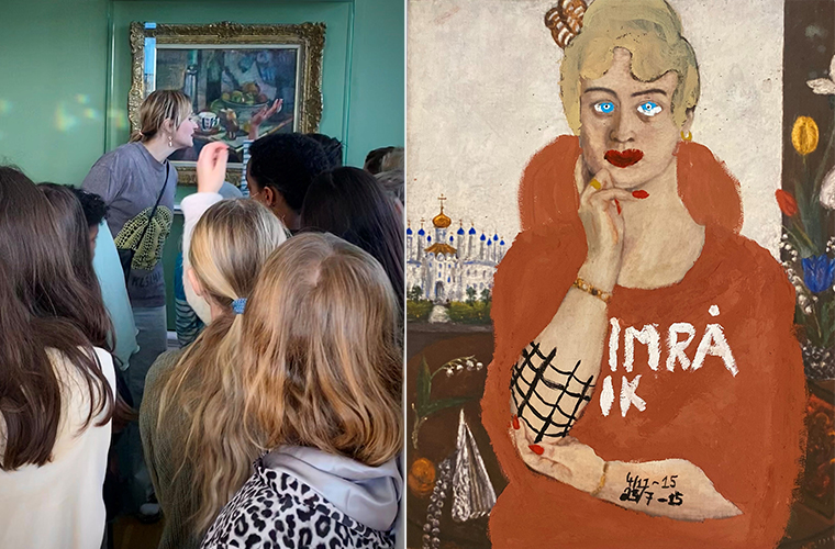 Bildmontage där ett äldre konstverk ur Qvistska Samlingen fått en samtida markör av elev.