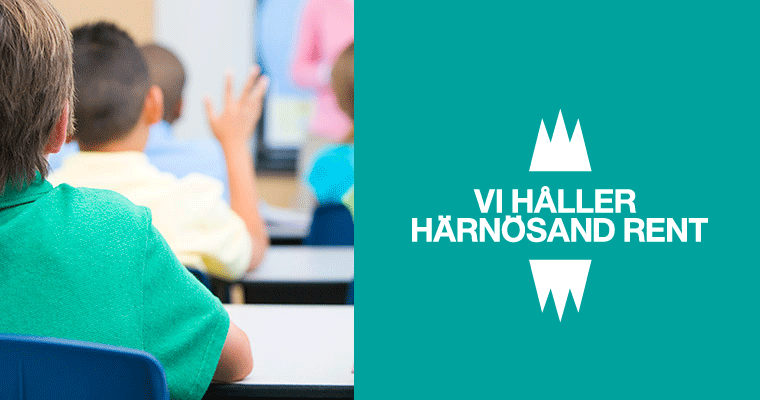 Bilden visar en skolklass och en logga för Håll Härnösand Rent