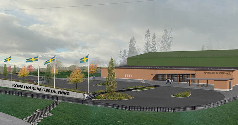 Illustration av området kring den planerade sporthallen.