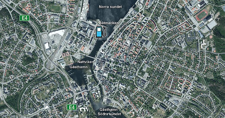 En karta med båtmacken markerad.
