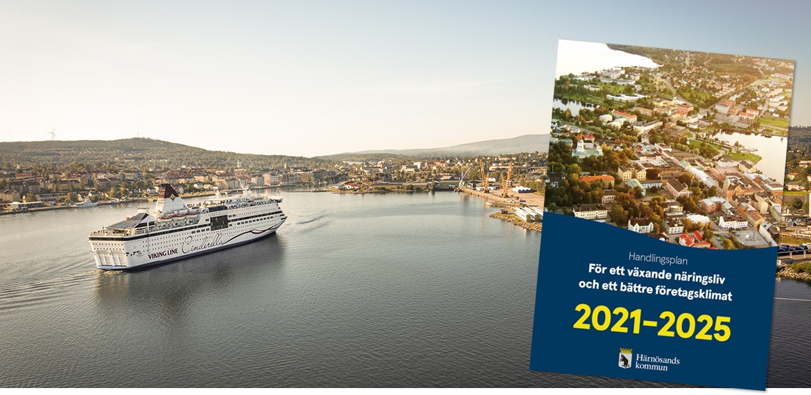 Ett kryssningsfartyg i Härnösand och broschyren handlingsplan för ett växande näringsliv.