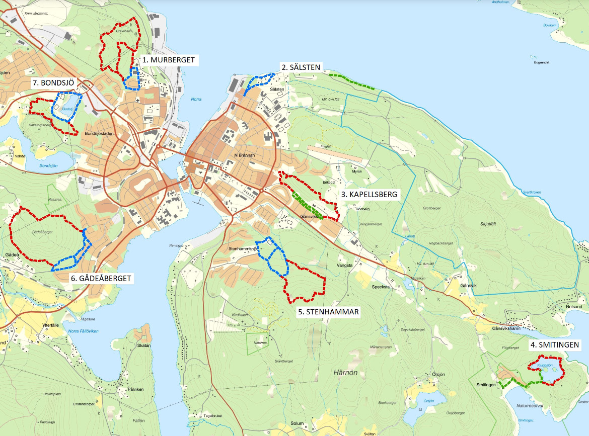 En översiktskarta med Härnösands vandringsleder.