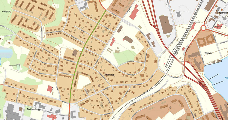 Karta över en stadsmiljö där en sträcka är markerad med grönt