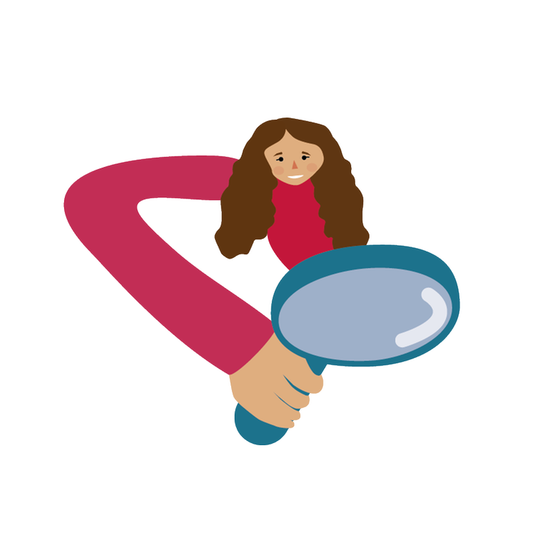 Illustration av kvinna med jätte stort förstoringsglas i klara färger