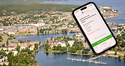 Fotomontage: En flygbild över Härnösand och en telefon som visar enkäten.