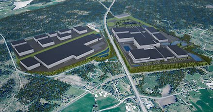 Illustrerad flygbild över ett landskap med två stora fabriksområden på varsin sida om en väg